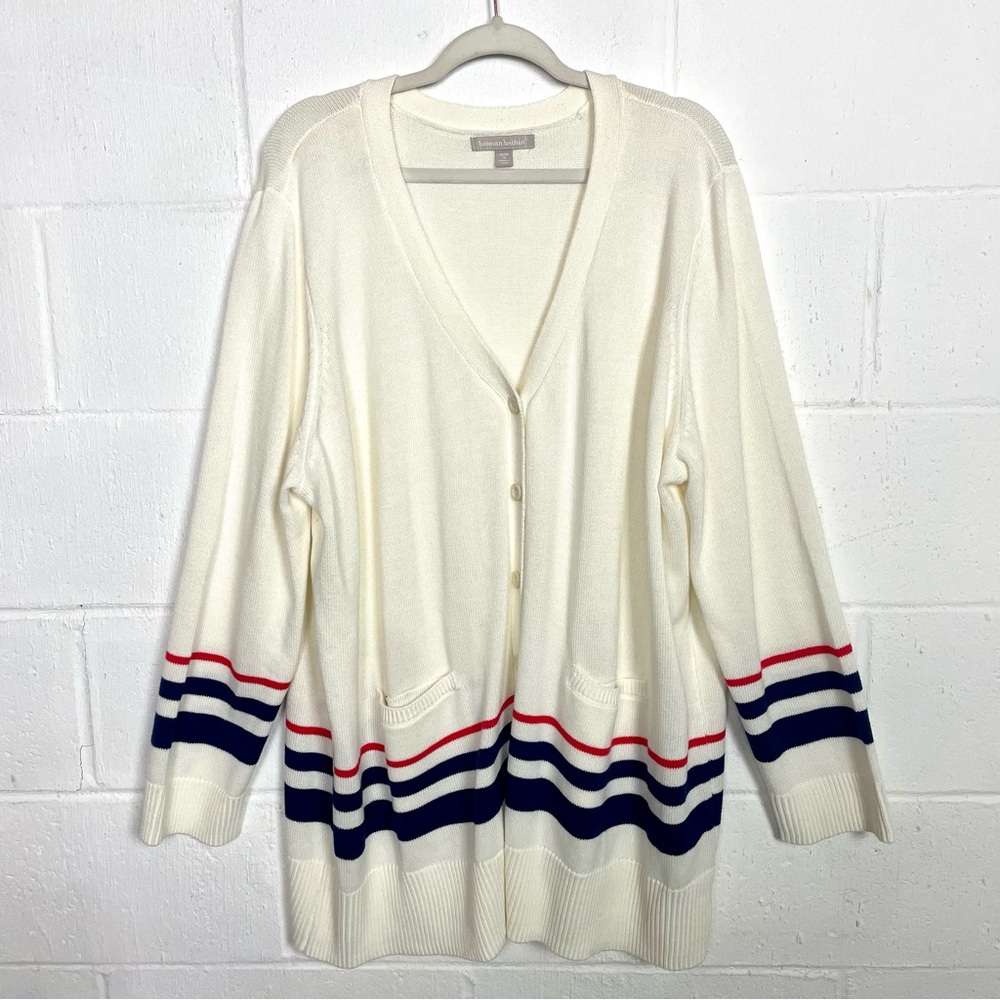 Woman Within Cardigan‎ Button Up V-Neck Red White & Blue Striped Americana SZ 2X